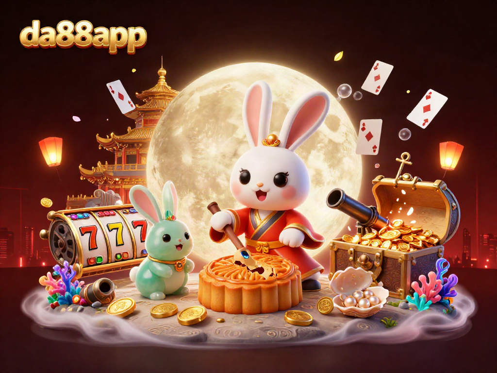 Interact with da88app features, where a moon rabbit reveals poker chips within lunar treats, enhancing the online casino experience.