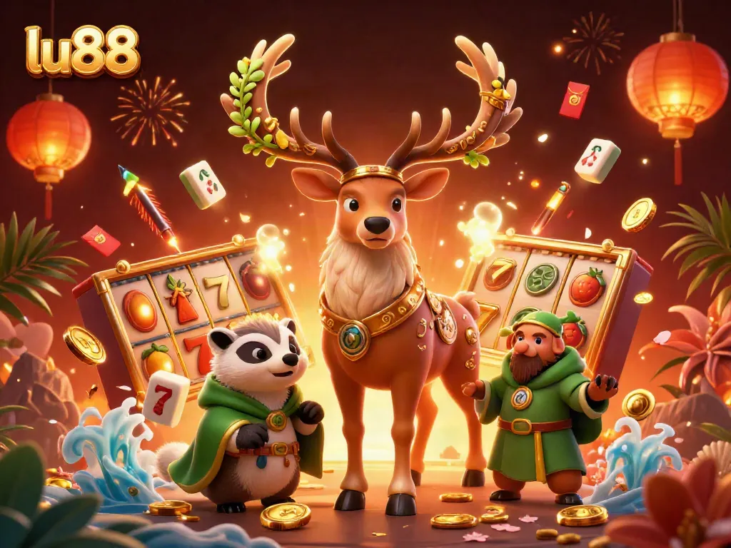 Experience thrilling wins at lu88 with a vibrant scene of 3D characters, slot reels, and festive decorations.