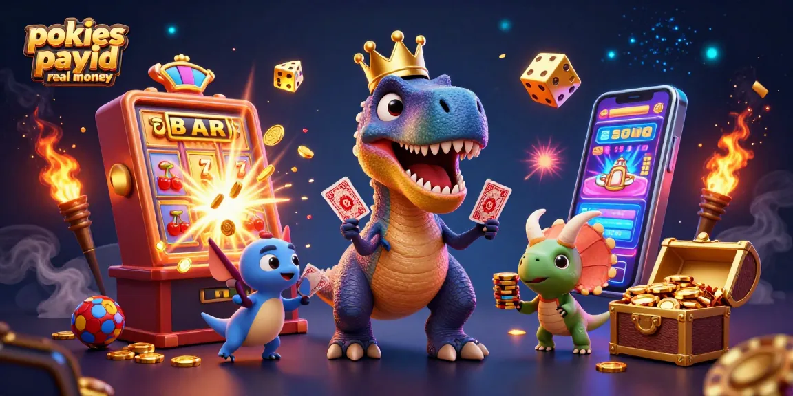 Engage with pokies payid real money in this vibrant casino scene featuring animated dinosaurs.