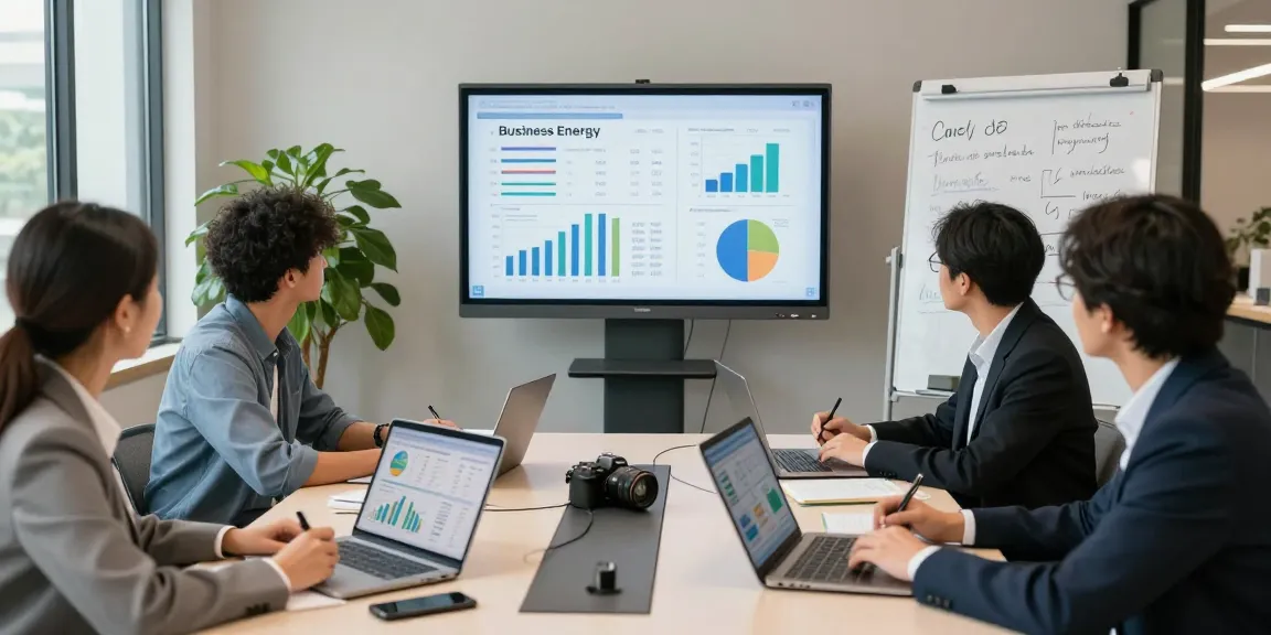 Team analyzing business energy rates in a modern office setting with laptops and data displays.