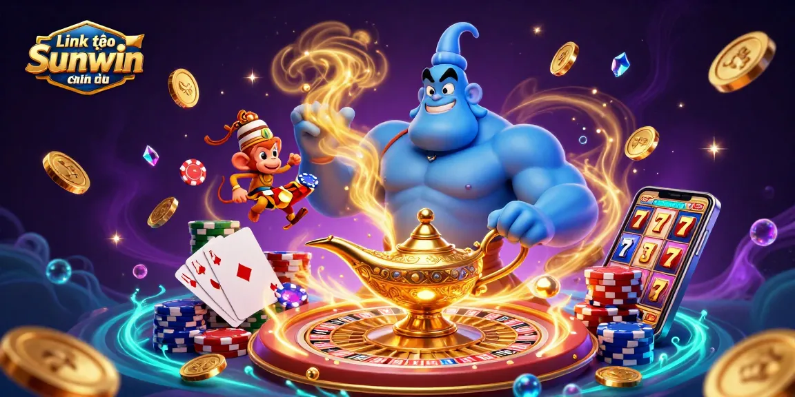 Engage with Link vào Sunwin chính thức as the blue genie bursts forth, surrounded by vibrant casino elements.